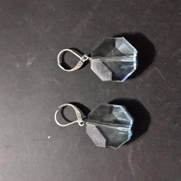 𝅺Silver Tone Blue Octagonal Crystal Dangle Statement Earrings - Picture 1 of 2